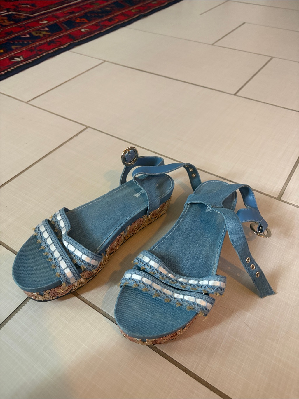 Desigual Denim Blue Wedge Sandals With Embroidered Trim